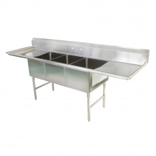 102" 16-Ga SS304 Three Compartment Commercial Sink Two Drainboards