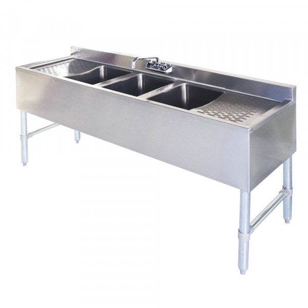 60" 18-Ga SS304 3 Bowl Underbar Sink with Faucet and Two Drainboards