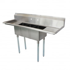 60" 18-Ga SS304 Three Compartment Commercial Sink with Two Drainboards