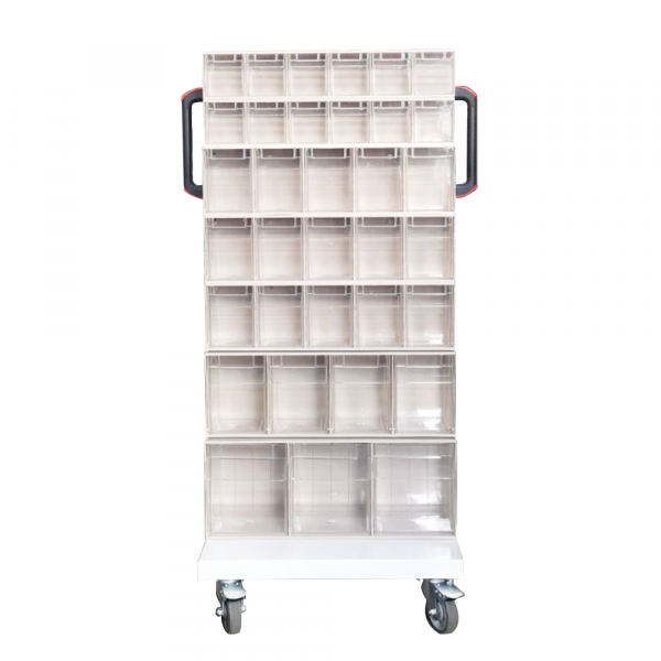Mobile Single Sided Tip Out Bin Cart with 34 Flip Out Bins