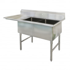 62" 16-Ga SS304 Two Compartment Commercial Sink 24" Left Drainboard