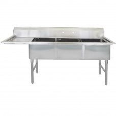 98 1/2" 16-Ga SS304 Three Compartment Commercial Sink Left Drainboard