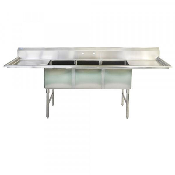 90" 16-Ga SS304 Three Compartment Commercial Sink Two Drainboards