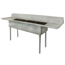 90" 18-Ga SS304 Three Compartment Commercial Sink with Two Drainboards