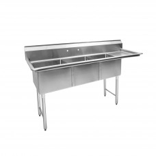 74 3/4" 18-Ga SS304 Three Compartment Commercial Sink Right Drainboard