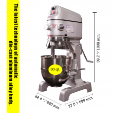 30 Qt Planetary Stand Mixer with Guard Standard Accessories and Timer 1 HP 3 Speeds Adjustable RPM Alluminum Alloy Body Made in Taiwan