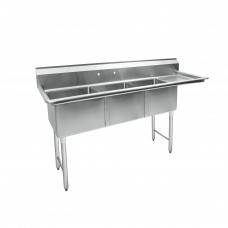 74 3/4" 18-Ga All Stainless Steel 3 Compartment Sink Right Drainboard