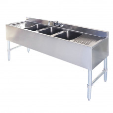 72" 18-Ga SS304 3 Bowl Underbar Sink with Faucet and Two Drainboards