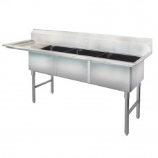 74" 16-Ga SS304 Three Compartment Commercial Sink Left Drainboard
